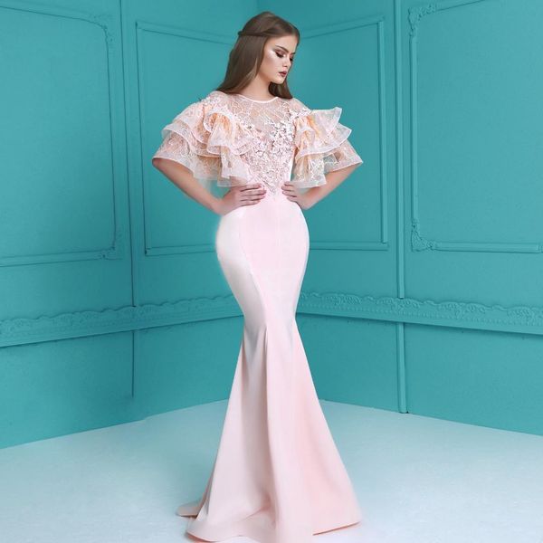 

fashion mermaid lace prom dresses with tiered short sleeves bateau neck beaded evening gowns floor length vestidos de fiesta formal dress, Black