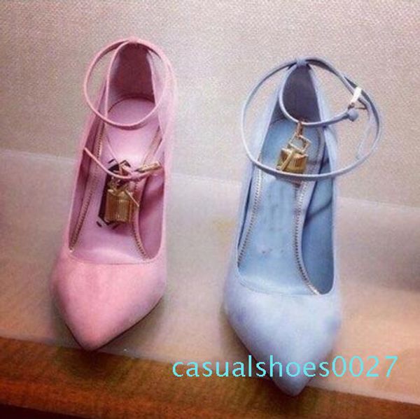 

gold lock pointy stiletto fashion high heels designer shoes women luxury thin high heel shoes multi-colors pump women shoes c27, Black