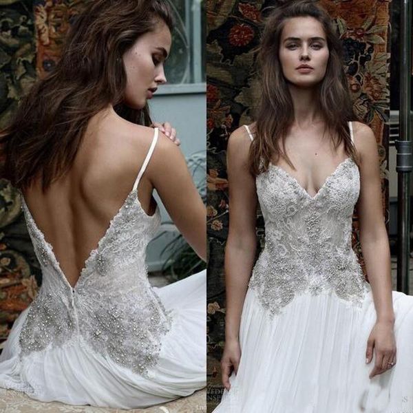 

Modest Bohemian White Country Chiffon Beach Wedding Dresses Spaghetti Straps Top Lace Beaded Bridal Gowns Backless Cheap Summer