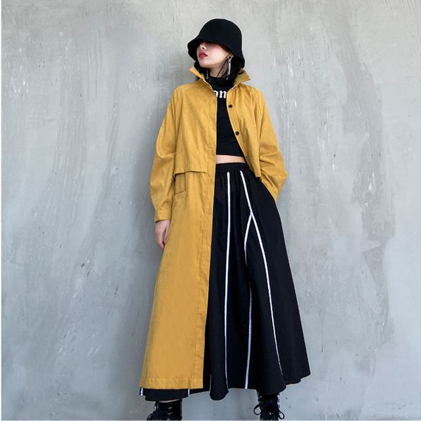 

plus size long trench coat women 2020 spring autumn new yellow black fashion loose long sleeve windbreaker coat female outerwear, Tan;black