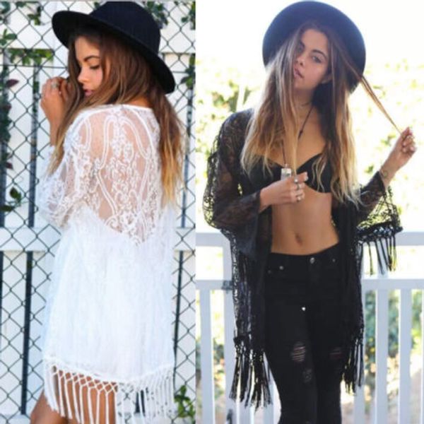 

itfabs new women lace tassel beach dress cardigan crochet bikini cover up see through swimwear suit black white beachwear, Blue;gray