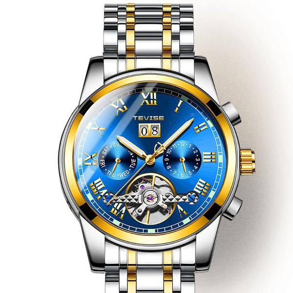 

2019 explosion model mechanical watch multifunctional moon phase waterproof luminous men's watches, Slivery;brown