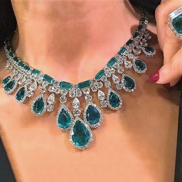 

godki waterdrop necklace earring set jewelry set for women wedding full cubic zircon dubai bridal jewelry 2020, Silver