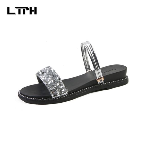 

2020 summer new women's shoes wild flat fashion rhinestone college wind flat sandals women's shoes wedges for women, Black