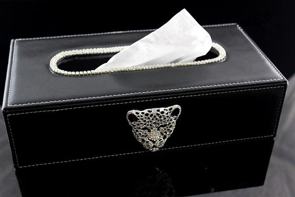 

black car tissue box with metal leopard head and crystals block paper towels container tissue cover case for home office