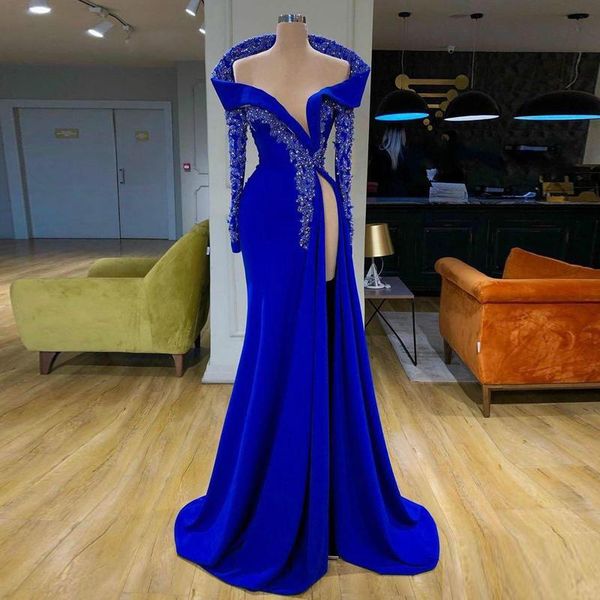 

new arrival blue off the shoulder side split prom dresses lace appliques crystal long sleeve evening party gowns, Black