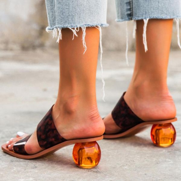 

slippers clear summer pvc square toe ladies shoes transparent crystal round ball heel women leopard grain jelly sandals, Black