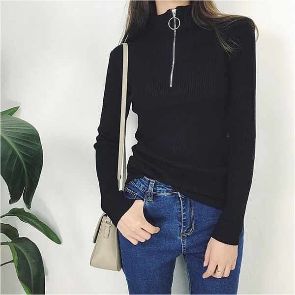 

zipper turtleneck cashmere cotton blend pullover sweater women black long sleeve jumper pull femme streetwear knitted sweater, White;black