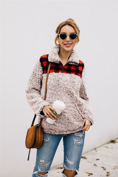 

women patchwork pullover long sleeve zipper sherpa pullover sweatshirt soft fleece plaid outwear with pockets hoodie coat 3 colors dhl, Black