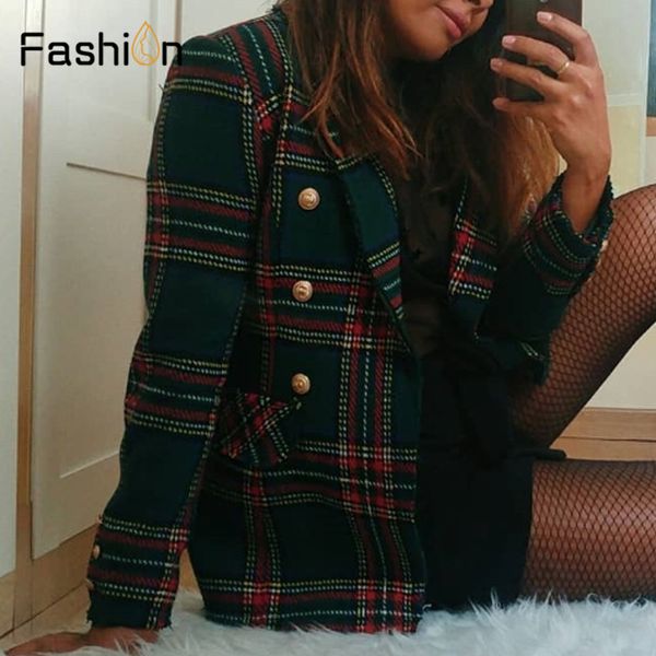 Großhandels-Vintage Zweireiher Mäntel Ausgefranste Karierte Tweed Blazer Mantel Frauen Taschen Blazer Plaid Damen Oberbekleidung Casual Casaco Femme