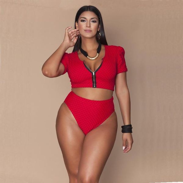 

plus size swimwear swimming suits for women two piece high waisted bikini set swimsuit hollow zipper red bathing suit 4xl, White;black