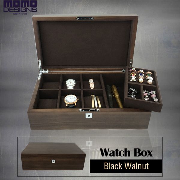 

luxury solid walnut wood watch box 6 jewelry storage box wooden walnut watch case jewelry display show case, Black;blue