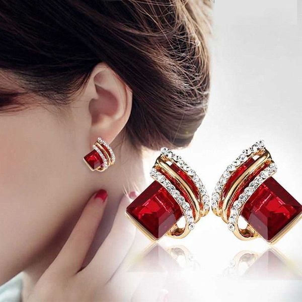 

korean famous diamond geometric personality crystal earrings female fashion temperament not allergic earrings earrings red, Silver