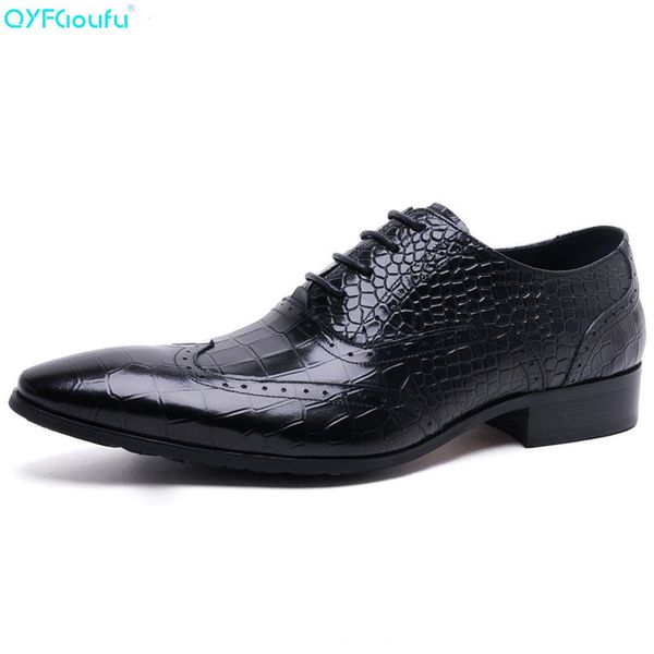 

qyfcioufu new arrival luxury italian men brogue dress shoes formal business oxfords shoes pointed toe genuine leather flats, Black