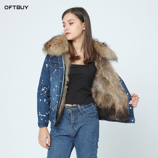 

oftbuy 2019 new casual winter jacket women holes denim jacket fur coat real raccoon fur collar natural raccoon liner parka, Black