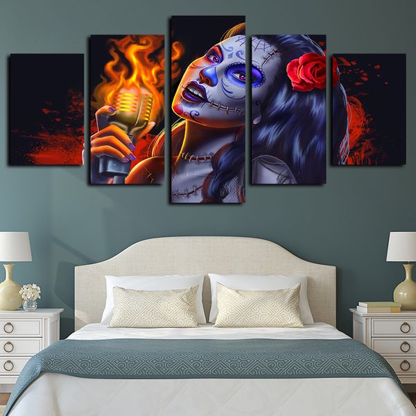 

5 panels microphone flames day of the dead face painting artworks giclee canvas wall art for home decor poster canvas print oil painting