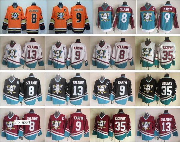 

anaheim ducks men jean-sebastien giguere jersey 8 teemu selanne 9 paul kariya ice hockey vintage ccm stitched red black white, Black;red