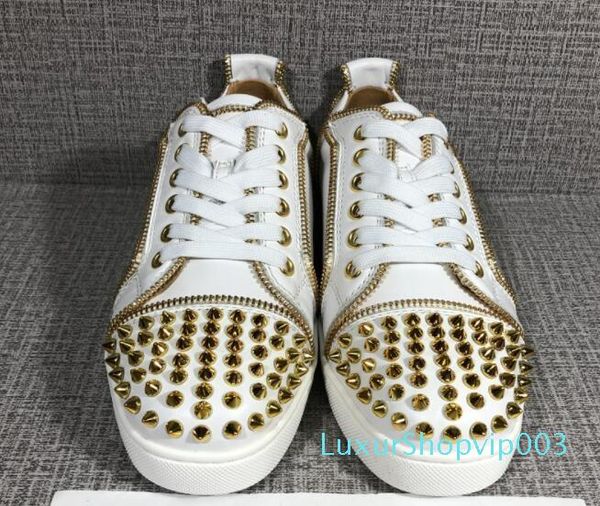 

original box spring and autumn red bottom men's lovers shoes white geunine leather with gold zipper low red shoes 36-47, Black