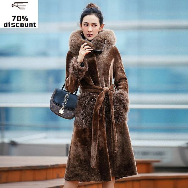 

двуликая шуба женский меховой воротник натуральная овечья шерсть зимняя куртка женская куртка из натуральной кожи моя, Black