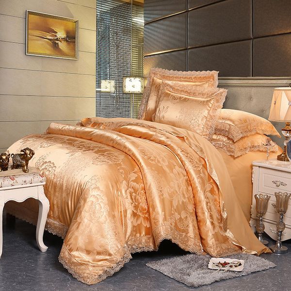 Light Tan Lace Bedding Sets Satin Jacquard Bed Set European Style
