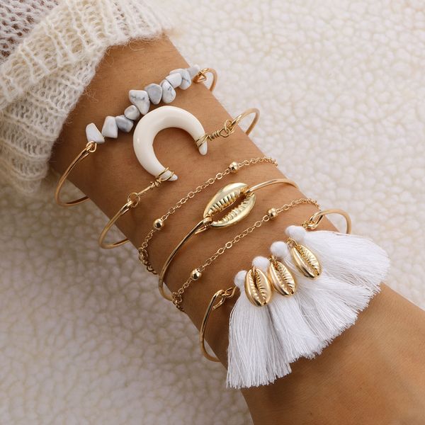 

tomosh boho moon shell stone rose gold silver bracelet bohemian tassel charms bracelets for women men jewelry accessories gifts, Golden;silver