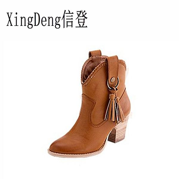 

xingdeng brand new fashion womens chunky high heels tassel ankle boots pointed toe shoes woman platform western autumn boots, Black