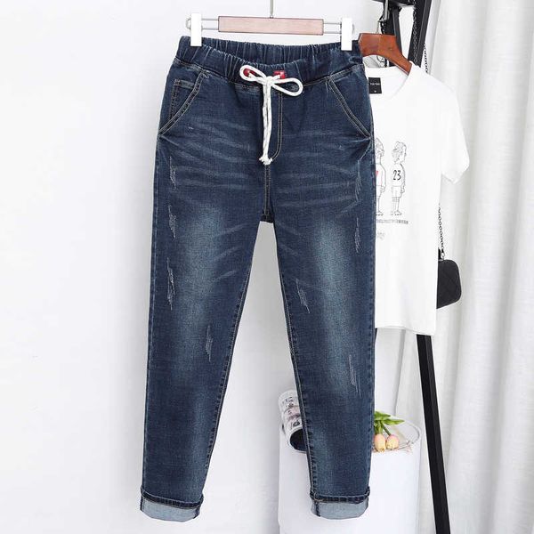 

5xl elastic waist plus size jeans for women streetwear casual stretch denim jeans woman loose harem pants boyfriend c6223, Blue