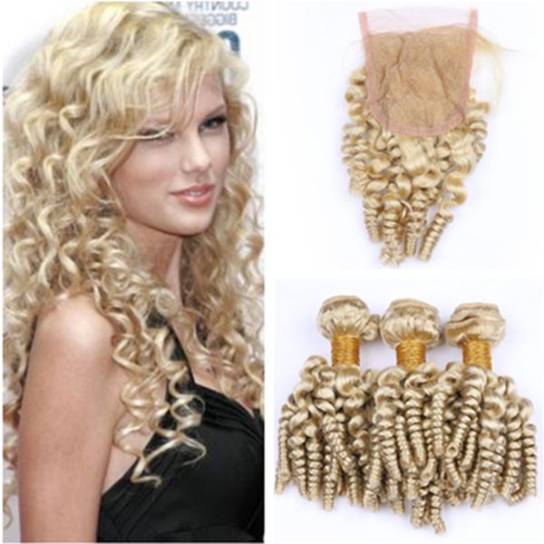 

aunty funmi #613 blonde peruvian virgin human hair wefts 3bundles with closure blonde romance curls 4x4 lace front closure with weaves, Black