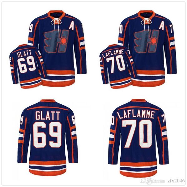 

men's movie jersey custom halifax highlanders goon 69 doug the thug glatt 70 xavier laflamme hockey jerseys navy stitched any name numb, Black