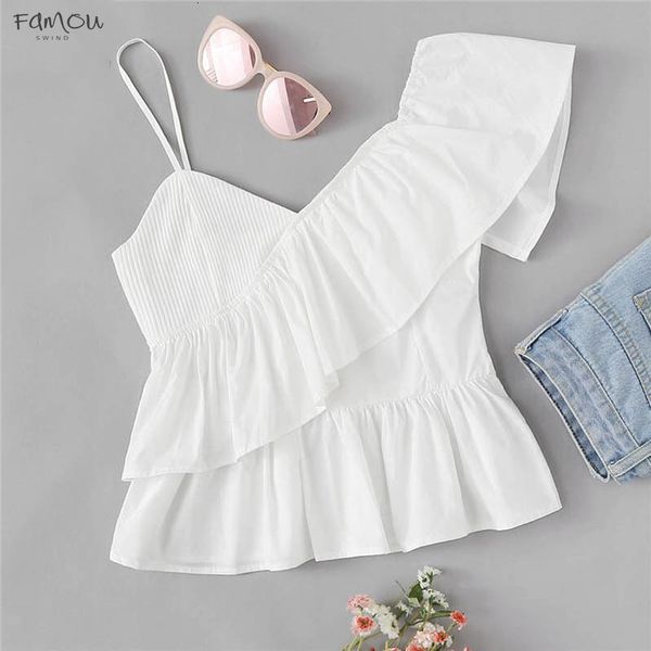 

White Solid Ruffle Trim Shoulder Top Fashion Camis Women 2019 Summer Vest Tops Asymmetrical Clothes Casual Camisole