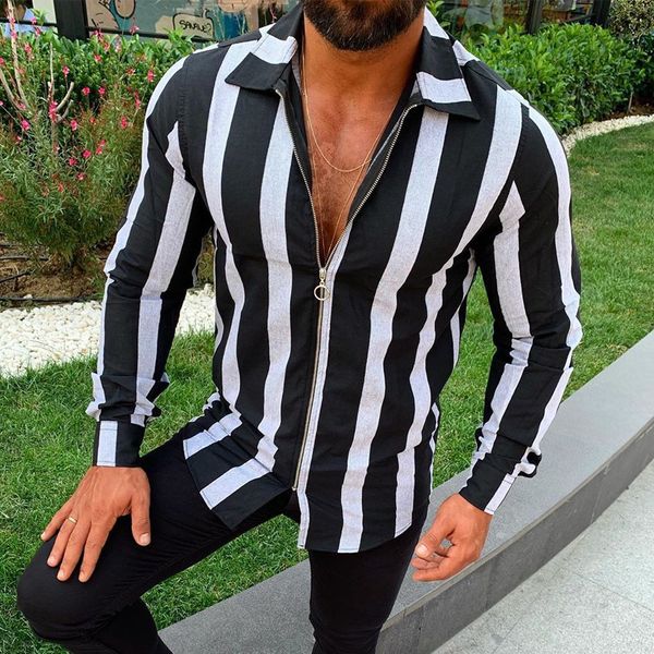 

shirt long sleeve casual slim fit male shirts zipper men's casual fashion slim stripe printing zipper long sleeve shirts blouse, White;black