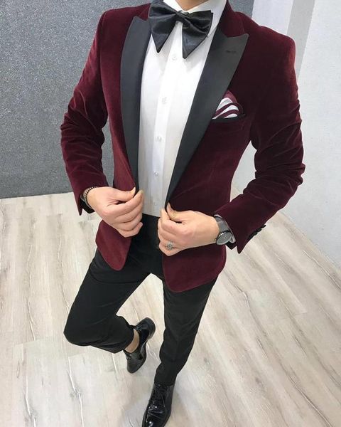 

burgundy classic fit men's suits lapel velvet tuxedos 2 pieces slim fit man for wedding custom made(blazer+pants, White;black