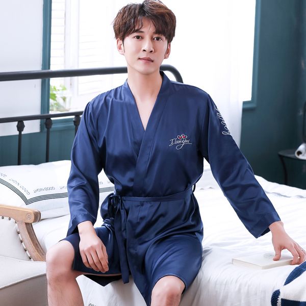 

spring long sleeve male robe letter casual home dressing gown summer sleepwear rayon satin men kimono bathrobe nightgown, Black;brown