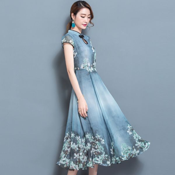 

new arrival summer vintage elegant faux silk chiffon dresses plus size 4xl short sleeve blue floral print casual dress robe, Black;gray
