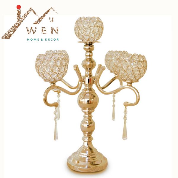 

55 cm height 5-arms metal gold/ silver candelabras with crystal pendants wedding candle holder event centerpiece 10 pcs/lot