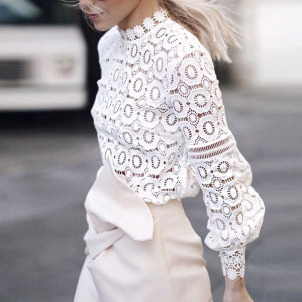 

summer long sleeve lace shirt hollow out blouse black white women tee shirt