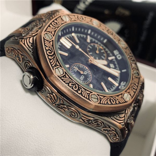 

wholesale men fashion watch engraved stainless steel all dial work chrono quartz movement rubber strap designer watches clock, Slivery;brown