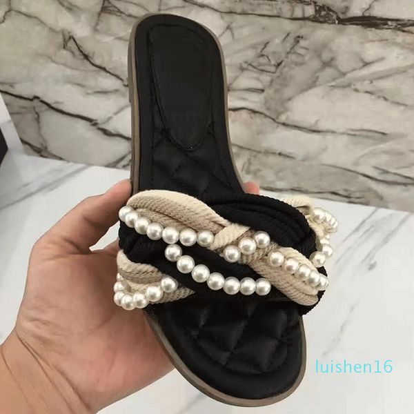 

classic summer slippers women red black pearled flat heels mules crossover flip flops 2018 beach shoes chaussure femme l16