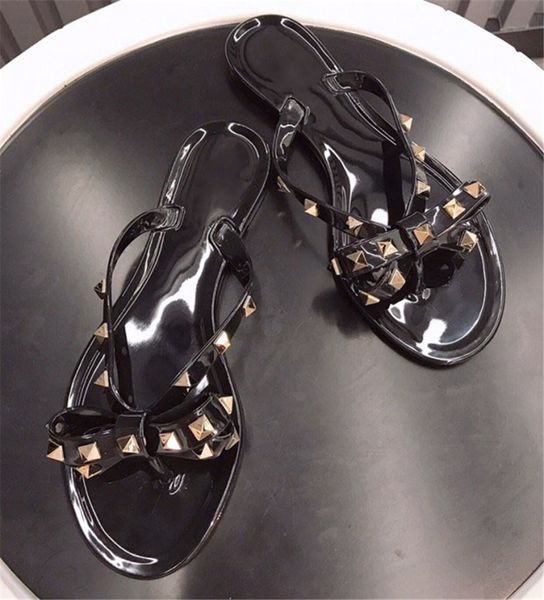 

womens luxury sandals brand rivets bow knot flat slippers sandal beach jelly platform slide lady fashion studded girl shoes, Black