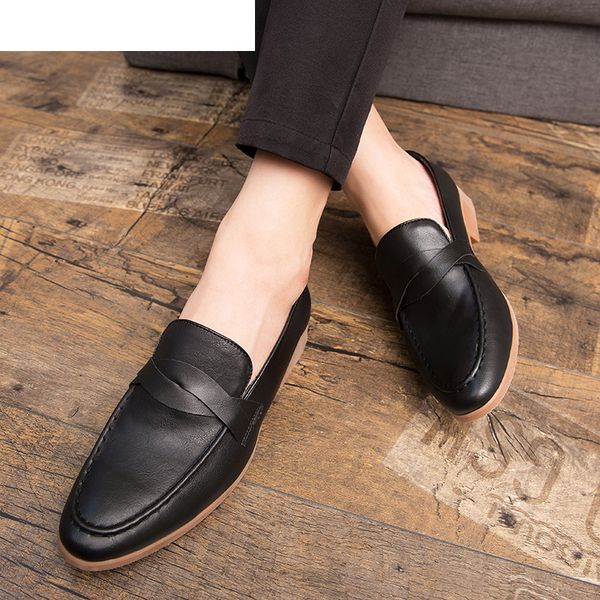

pu pointed toe business brogue shoes men dress casual soft rubber shoes breathable wedding shoes, Black