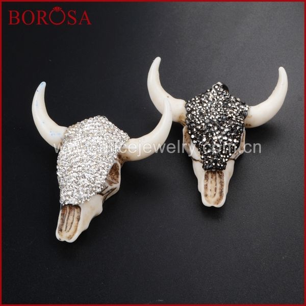

borosa longhorn resin horn cattle bull buffalo pendant crystal rhinestone pave black white zircon jab338, Silver