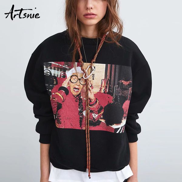

artsnie streetwear характер черных женщины толстовка весна 2019 o шеи длинного рукав пуловер крупногабаритного hoodie вскользь фуфайки, Black