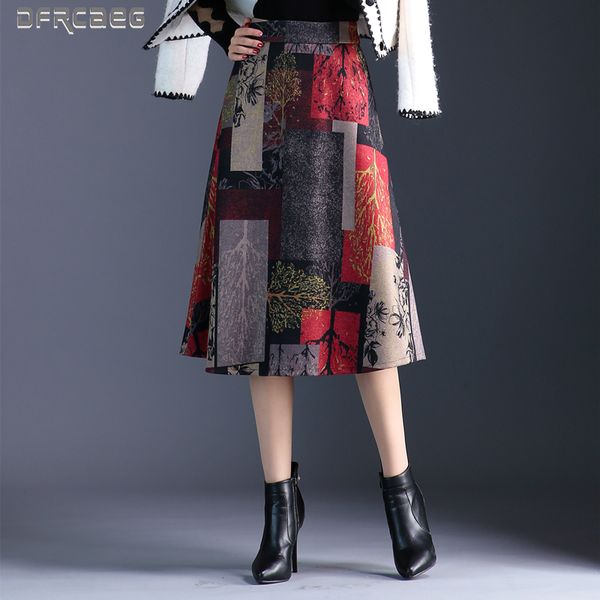 

plus size high waist mid thicken woolen skirt women autumn winter 2019 a-line wool skirt female red print pocket lady, Black