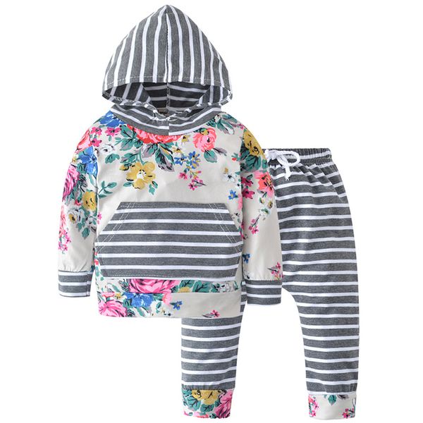 

2019 new infant 2pcs clothes set toddler baby girl outfit print strip long sleeve hoodie sweatshirt pants, White