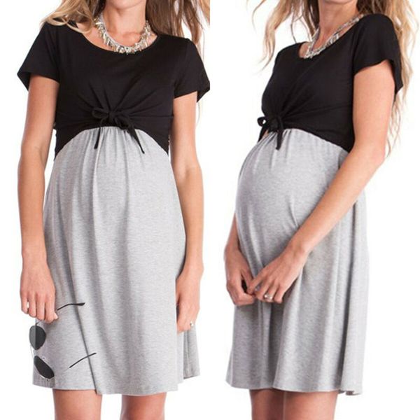 

women maternity crew neck short sleeve color block pregnant pregnancy midi dress, Black;gray
