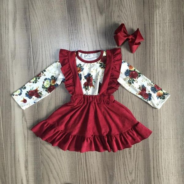 

baby girl dresses 2020 fall/winter children clothes cotton wine burgundy flower ruffle skirt boutique long sleeve match bow fast shipping, Red;yellow