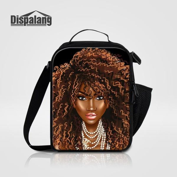 

afro lady girl africa beauty princess prints lunch bag for children thermal lunch container reusable box cooler bag, Blue;pink