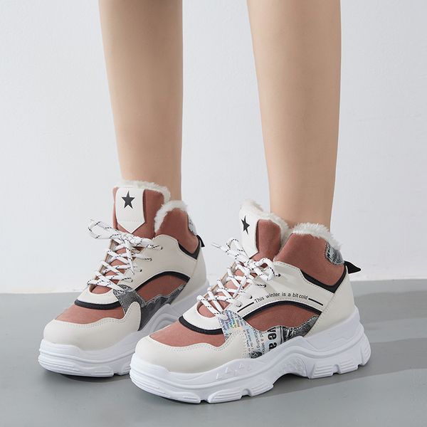 

new winter sports shoes women's middle upper thick bottom running shoes women's plush warm outdoor, Black
