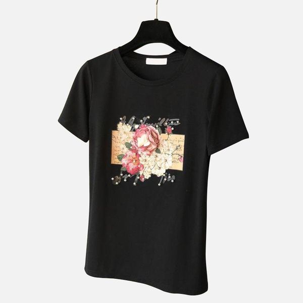 

beading women pearl appliques t-shirts 3d o neck short sleeve female t shirt spring summer casual loose lady tshirts hq80, White