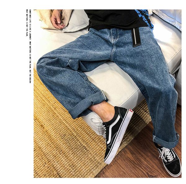 

vintage style mens designer jeans fashion loose panelled pocket mens wide legged pants casual males clothing, Blue